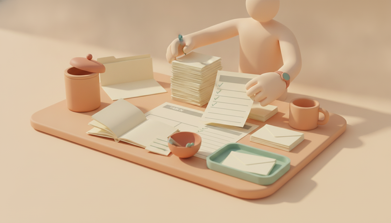 Person sorting urgent tasks into piles on a kitchen table.