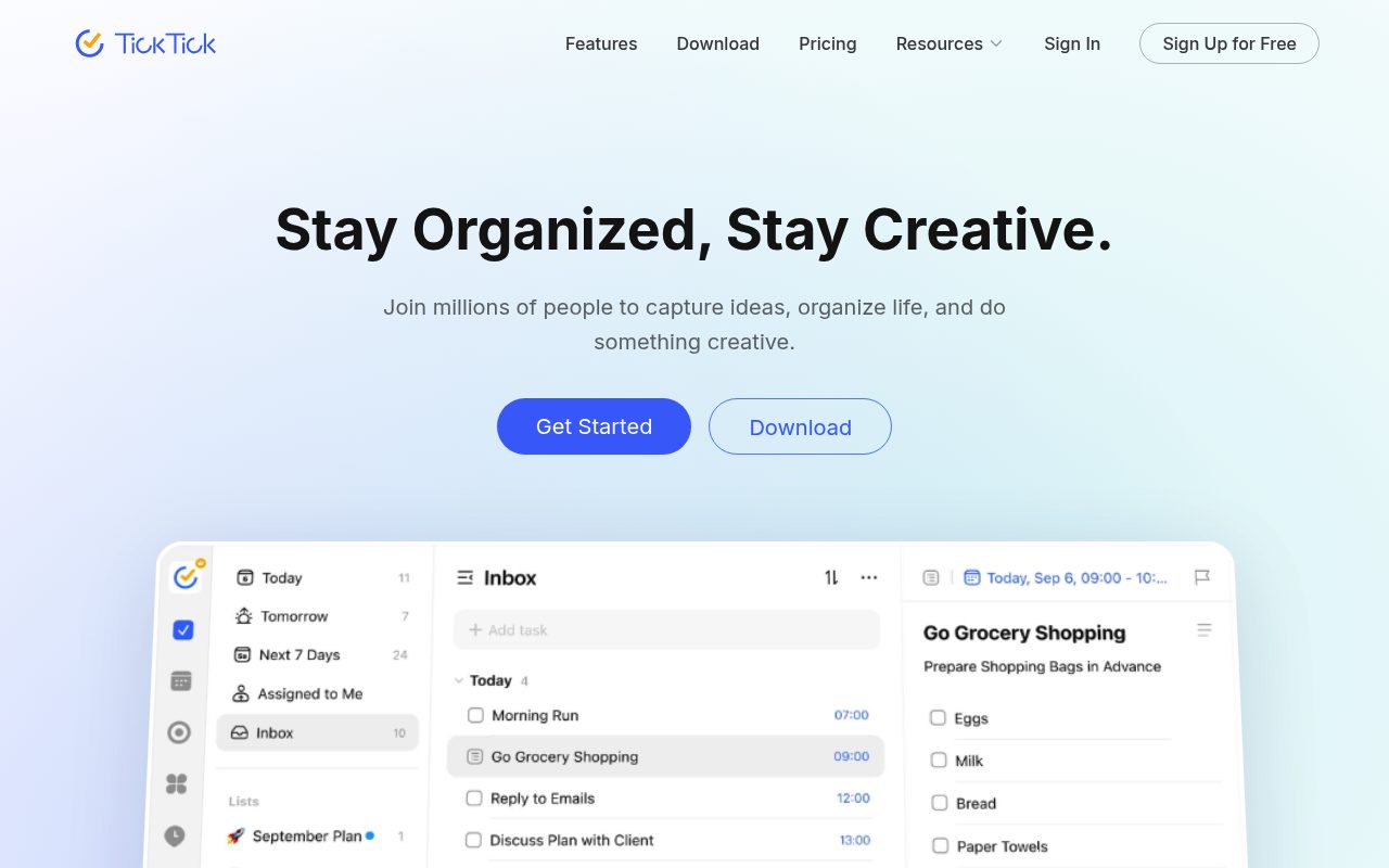 Screenshot of the TickTick website — TickTick vs Todoist: Which Is Better for Power Users?