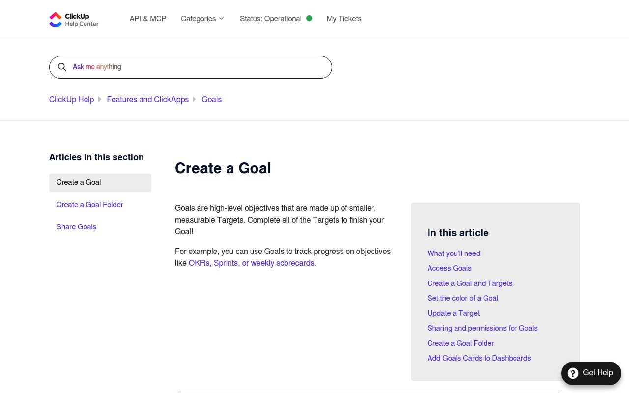 Screenshot of the ClickUp hc page — ClickUp: best for structured goal tracking