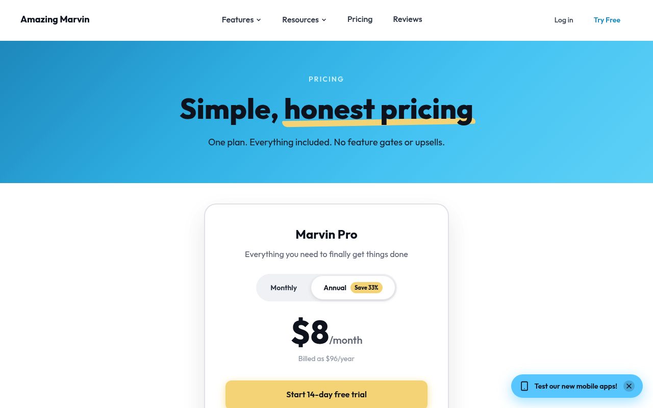 Screenshot of the Amazing Marvin pricing page — Amazing Marvin: Best for Deep Customization Without Tiered Gating