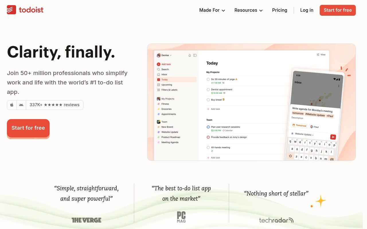 Screenshot of the Todoist homepage — Todoist: best for structured task workflows with Siri integration