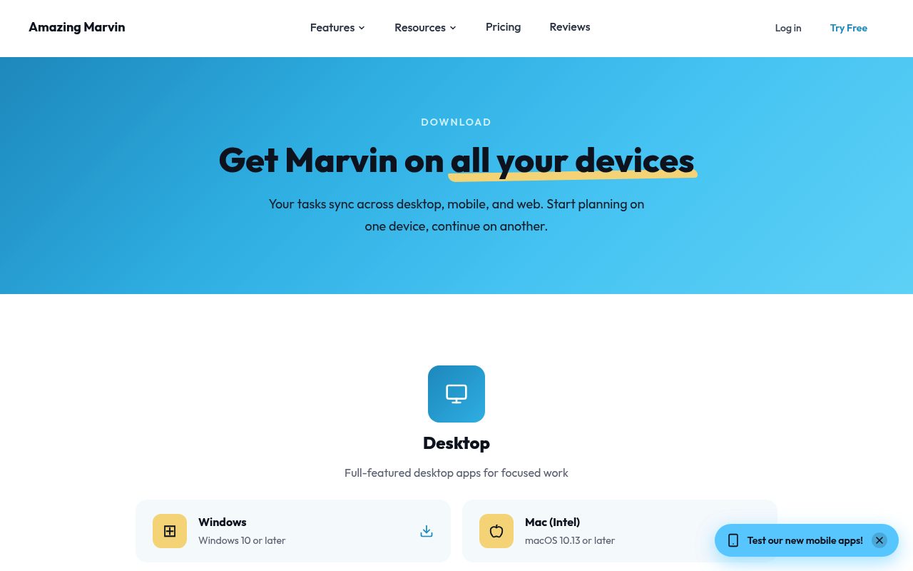 Screenshot of the Amazing Marvin download page — Amazing Marvin: best for offline-first, account-free flexibility